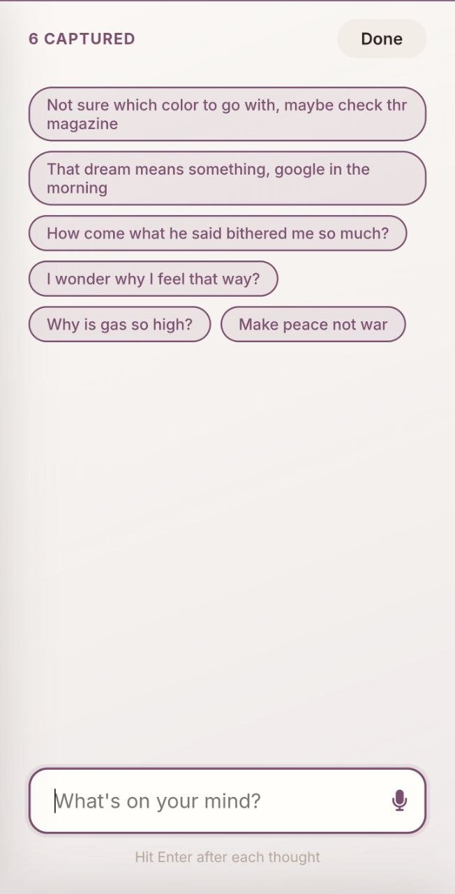 Brain Dump screen with rapid-fire thought capture