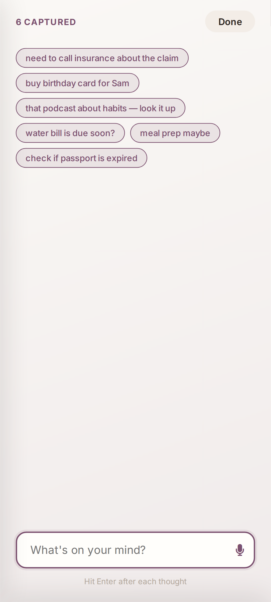 Brain Dump screen showing unorganized thoughts captured quickly