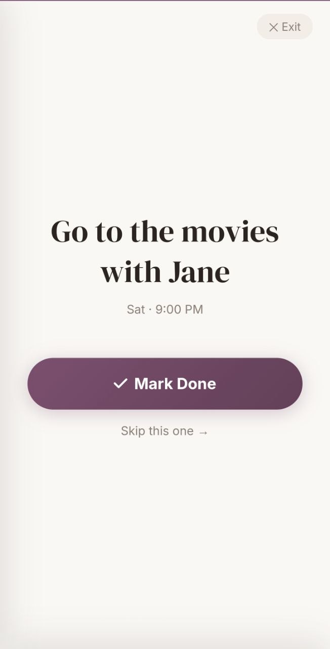 Clarity Mode showing one task full screen