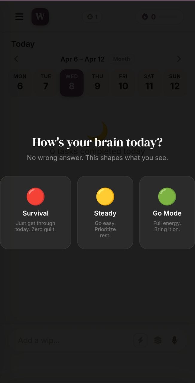 Energy Check-In with Survival, Steady, and Go Mode options