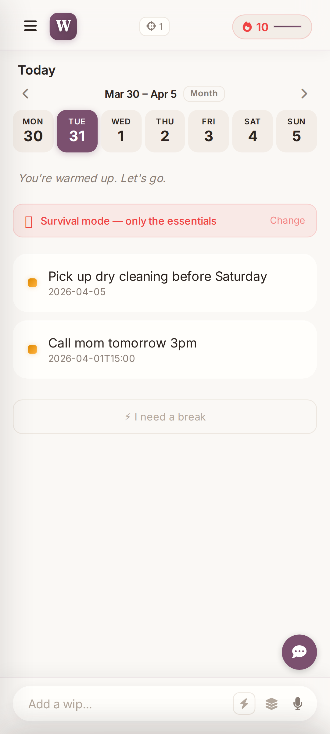 Energy Days screen showing green, yellow, and red task filters