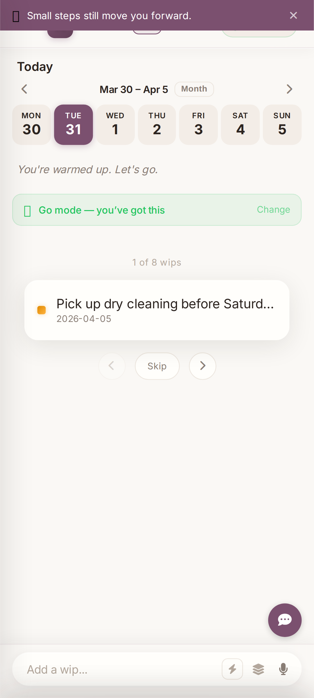 Focus View showing one single task at a time