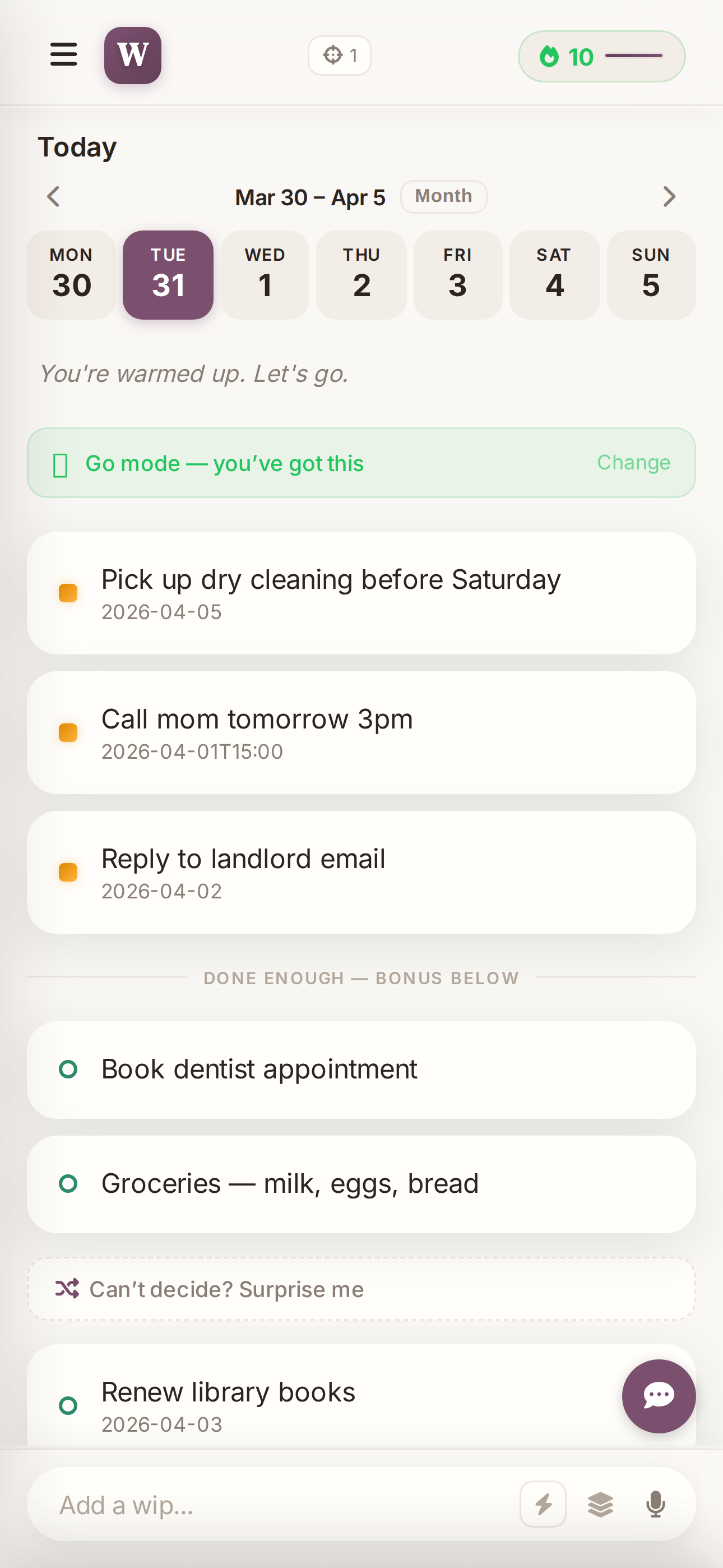 WIPS home screen showing task list with energy mode active