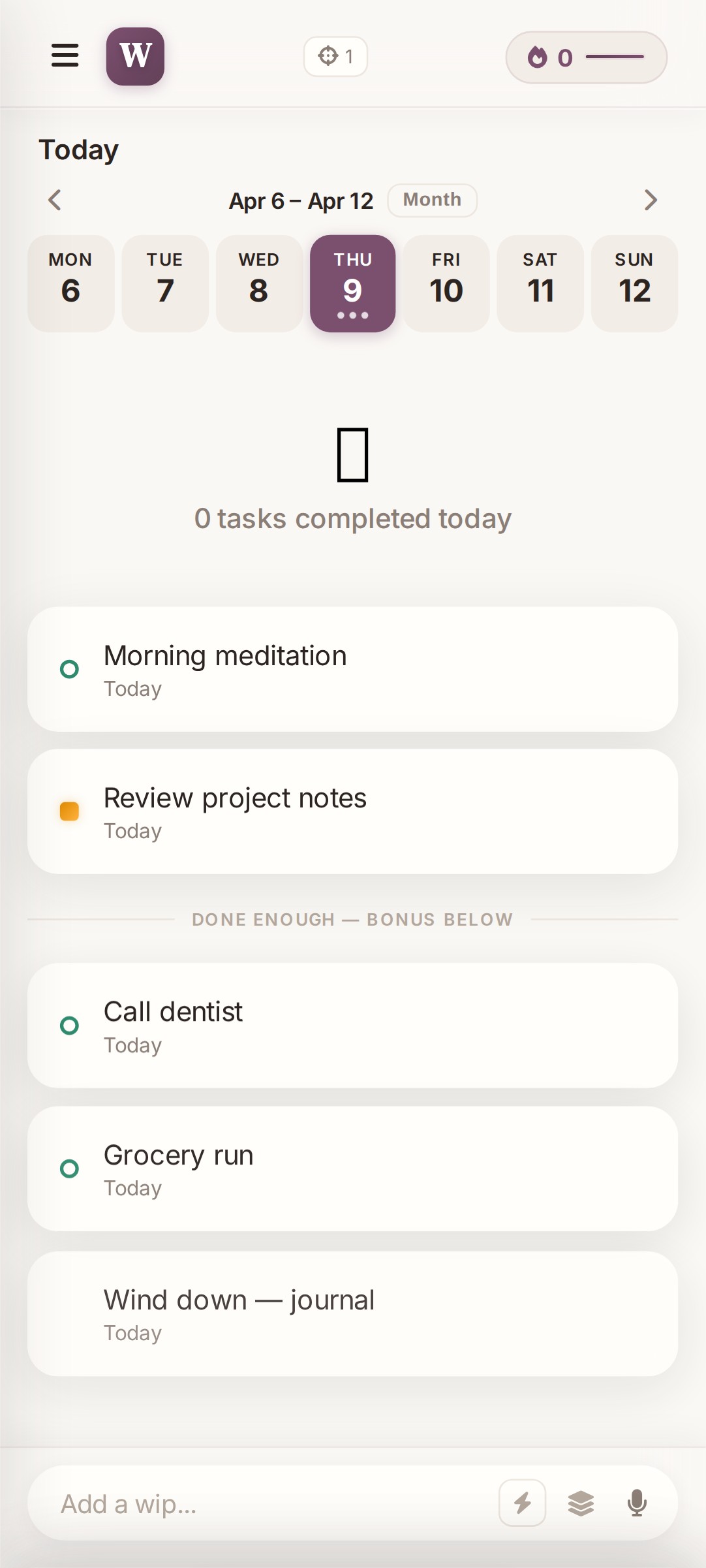 Home screen with Day Rhythm phase filtering tasks by time of day