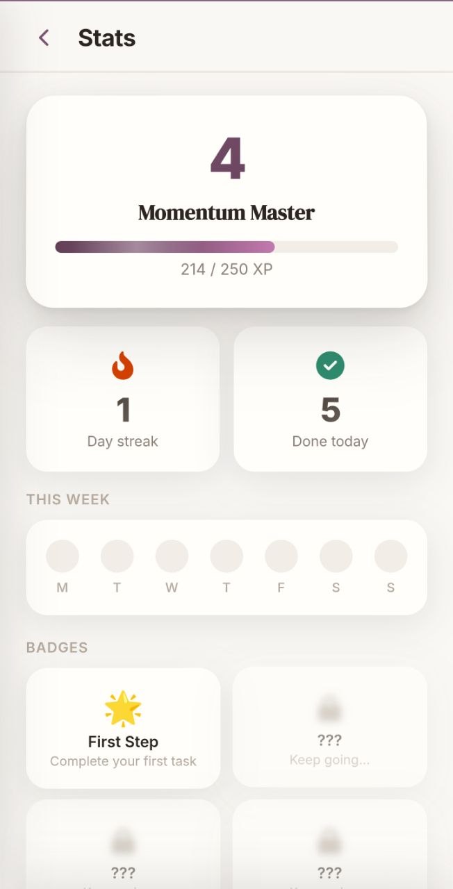 Stats screen with level, XP bar, streaks, and badges