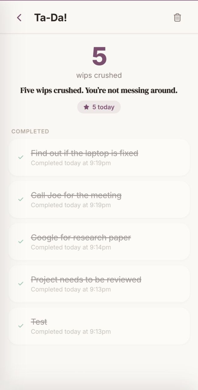 Ta-Da List celebrating 5 completed tasks